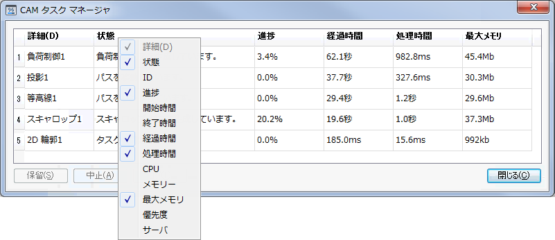 タスク マネージャ - 列を選択する