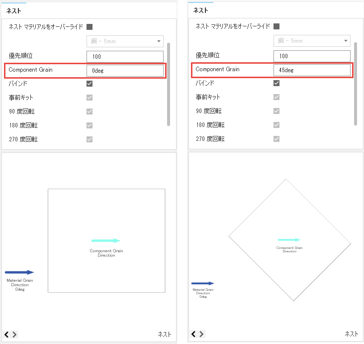 コンポーネント ソースのネストの木目の向きのプレビュー