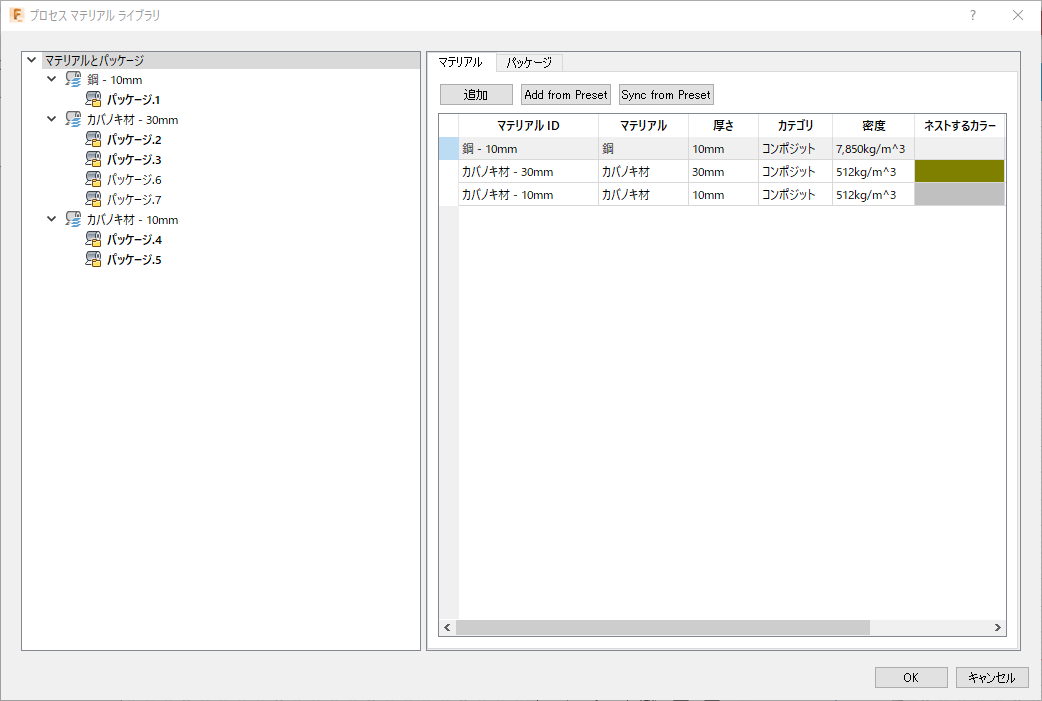 プロセス マテリアル ライブラリ ダイアログ