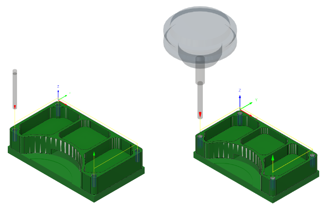 4 つの穴に適用されたドリル ツールパス(左)。タップ サイクルを使用して 4 つの穴に適用されたドリル ツールパス(右)