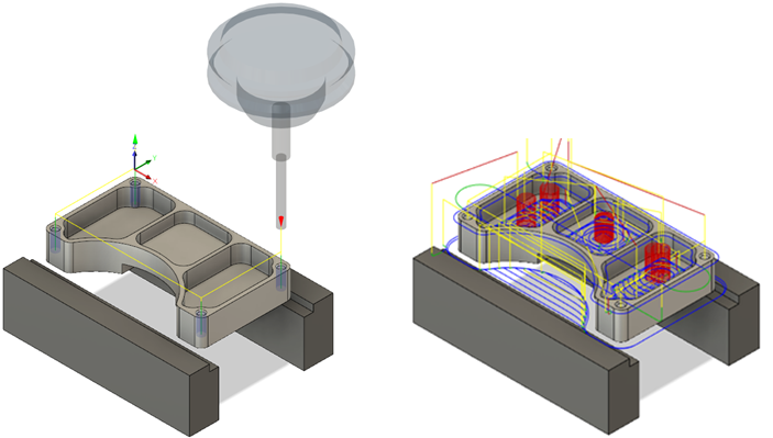 タップ サイクルを使用して 4 つの穴に適用されたドリル ツールパス(左)。シミュレーション中のすべてのツールパスを表示(右)