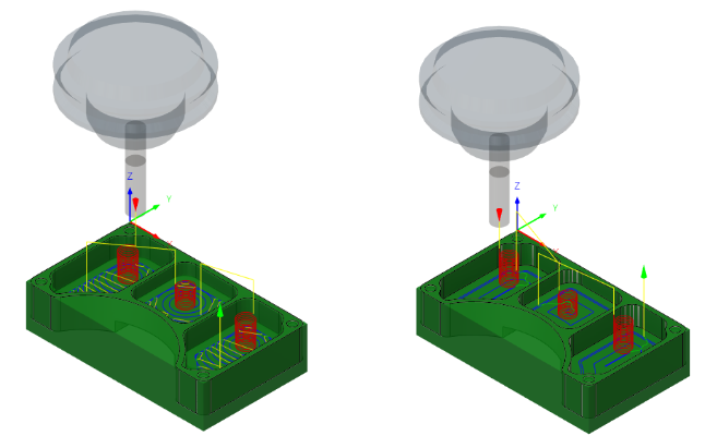 適用された 2D 負荷制御ツールパス(左)。3 つのポケットに適用された 2D ポケット ツールパス(右)