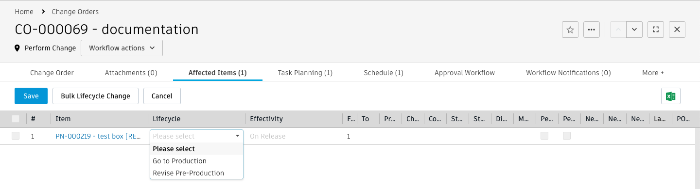 影響を受けるアイテムのライフサイクル ステータスのリスト