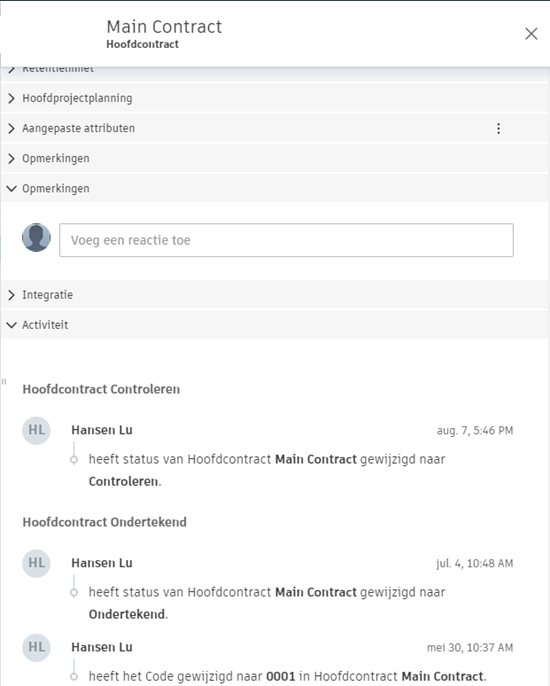 De weergave met activiteiten voor het hoofdcontract