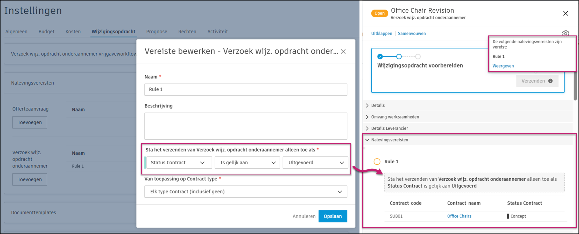 Melding van nalevingsvereisten met bericht over niet-voldane vereisten en een lijst van ontbrekende nalevingsitems.