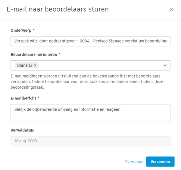 Dialoogvenster voor verzenden van goedkeuringsworkflow