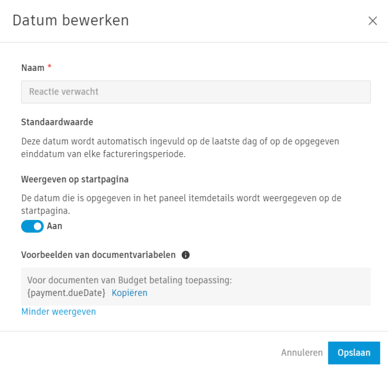 Dialoogvenster Datums bewerken met datumconfiguratieopties en documentvariabelen