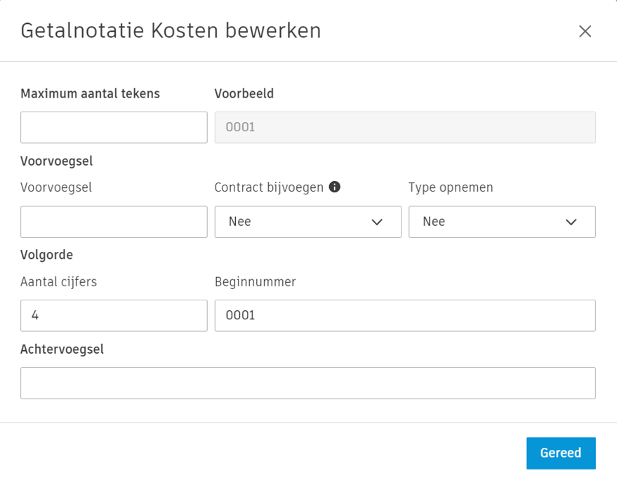 Dialoogvenster voor onkostennummer bewerken