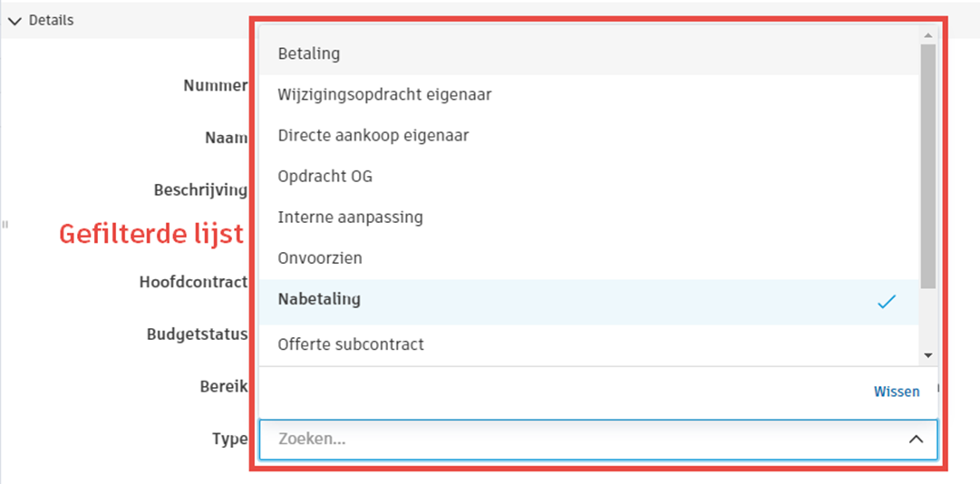 Gefilterde lijst met typen wijzigingsopdrachten, waarin de type-opties in het keuzemenu worden weergegeven