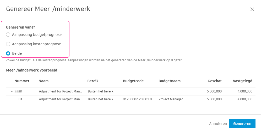 Een PCO genereren op basis van prognose-aanpassingen