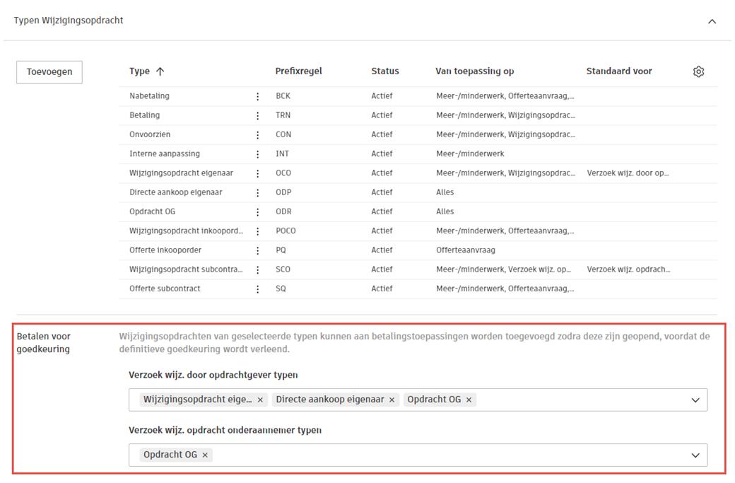 Instellingen voor betaling vóór goedkeuring, met keuzelijsten voor het selecteren van OCO- en SCO-types