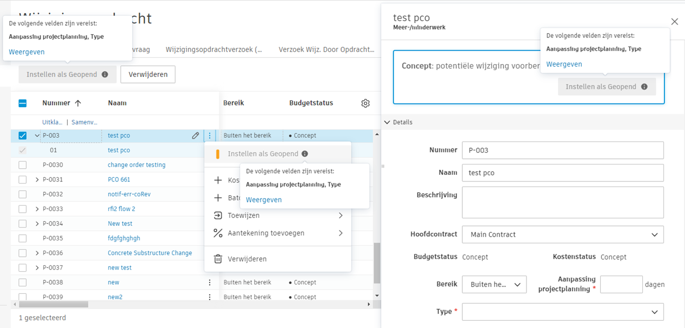 Validatiebericht vereiste velden met ontbrekende verplichte velden met knop Weergeven om naar ontbrekende gegevens door te leiden