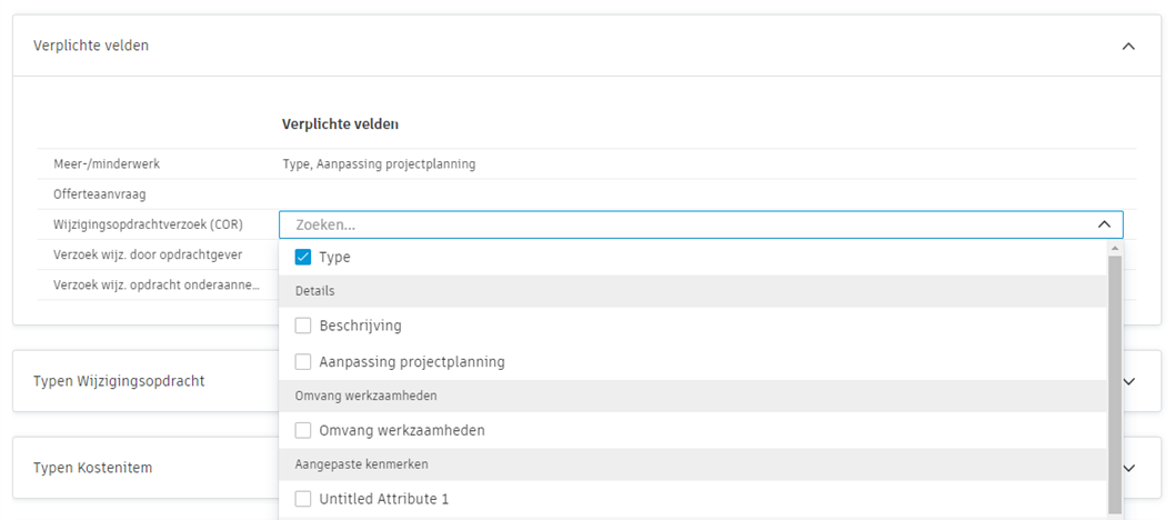 Vereiste velden voor configuratie van wijzigingsopdrachten met vervolgkeuzelijst van verplichte velden