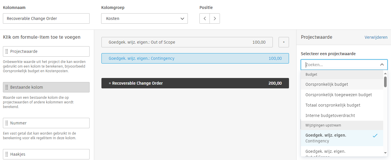 Rechterdeelvenster met waardeselectie