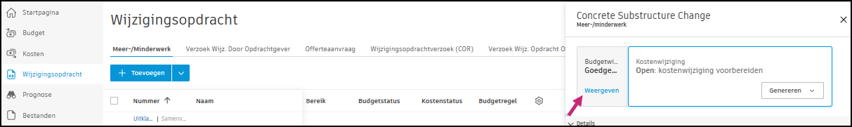 Venster voor kostenwijziging met RFQ met de status 'Geaccepteerd'