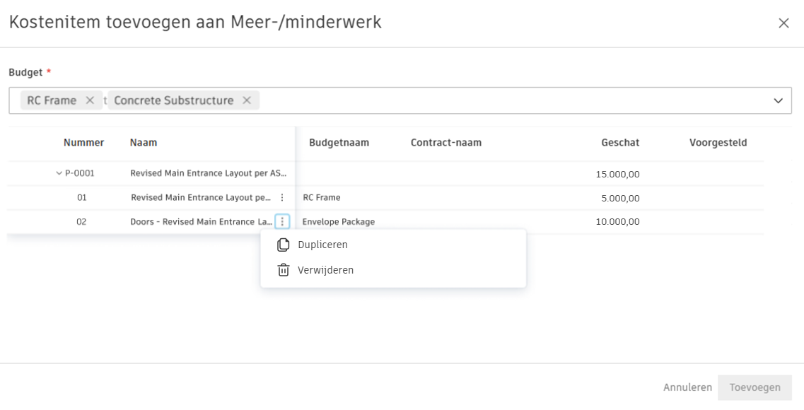 Scherm Kostenpost toevoegen aan PCO