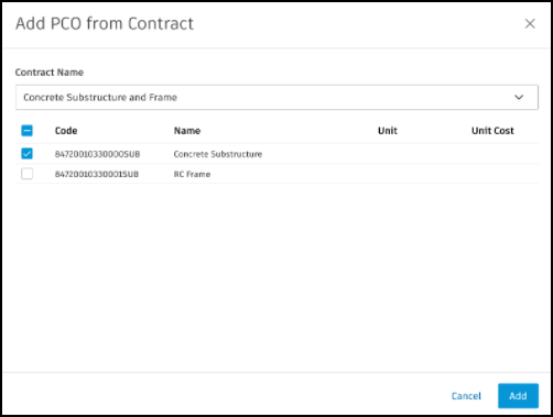 PCO toevoegen vanuit contract Dialoogvenster met opties voor contractselectie