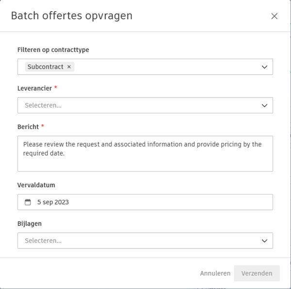 Venster voor batchoffertes aanvragen