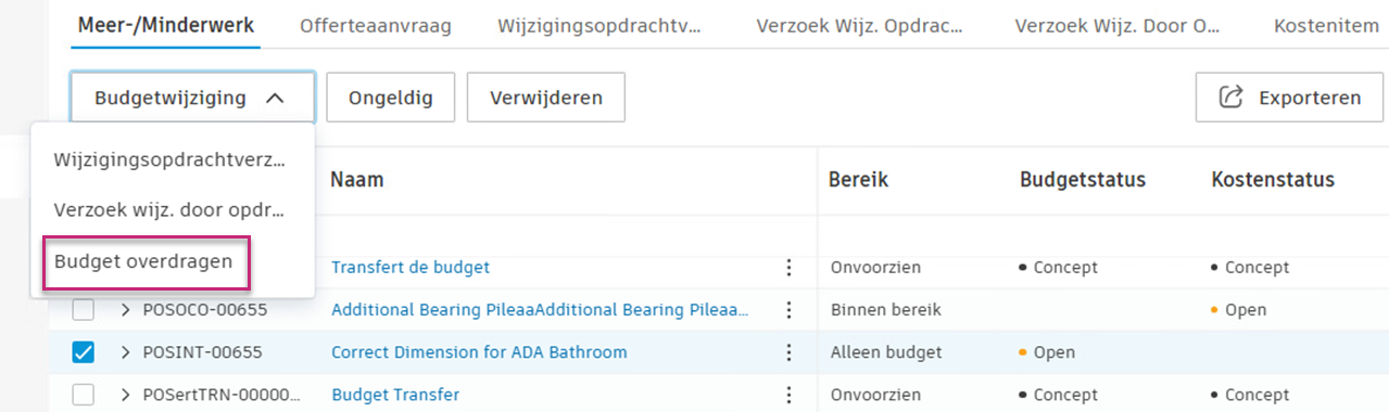 Voorbeeld van batchoverdrachtbudget