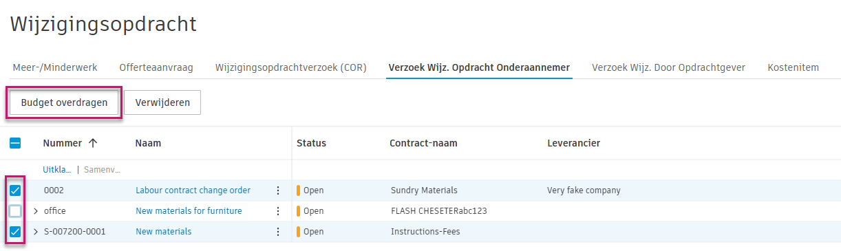 Voorbeeld van batchoverdrachtbudget