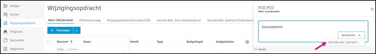Genereer een SCO-knop en interface voor het maken van wijzigingsopdrachten voor onderaannemers