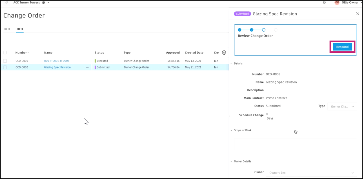 Voorbeeld van antwoordworkflow voor eigenaar