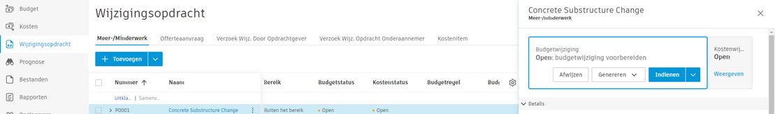 PCO-aanmaakinterface op het tabblad Wijzigingsopdracht