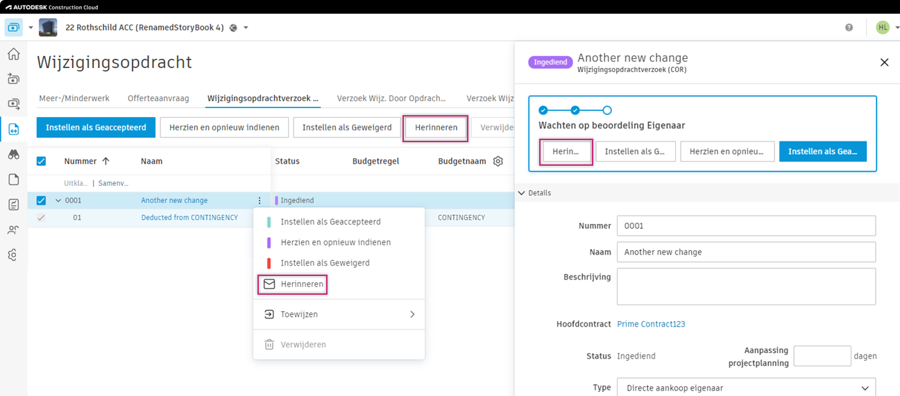 Knop Herinneren voor het verzenden van meldingen naar leveranciers of eigenaren die wachten op een antwoord
