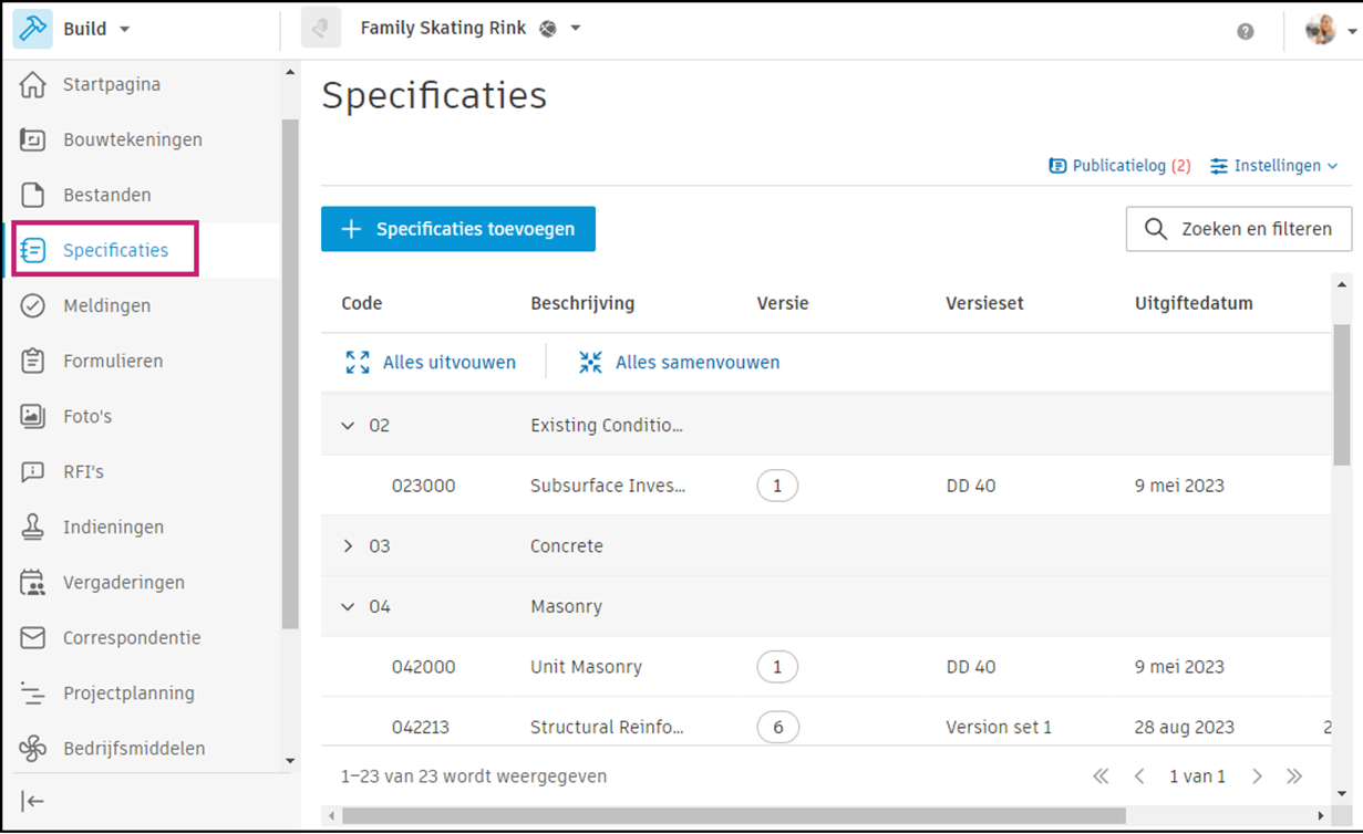 Het hulpmiddel ‘Specificaties’ openen