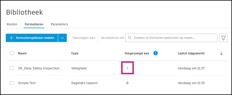 Selecteer projecten of templates om de formuliertemplate uit te verwijderen
