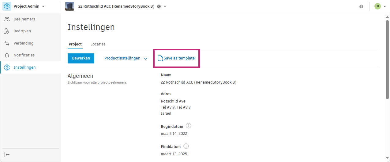 Opslaan als template in Project Admin
