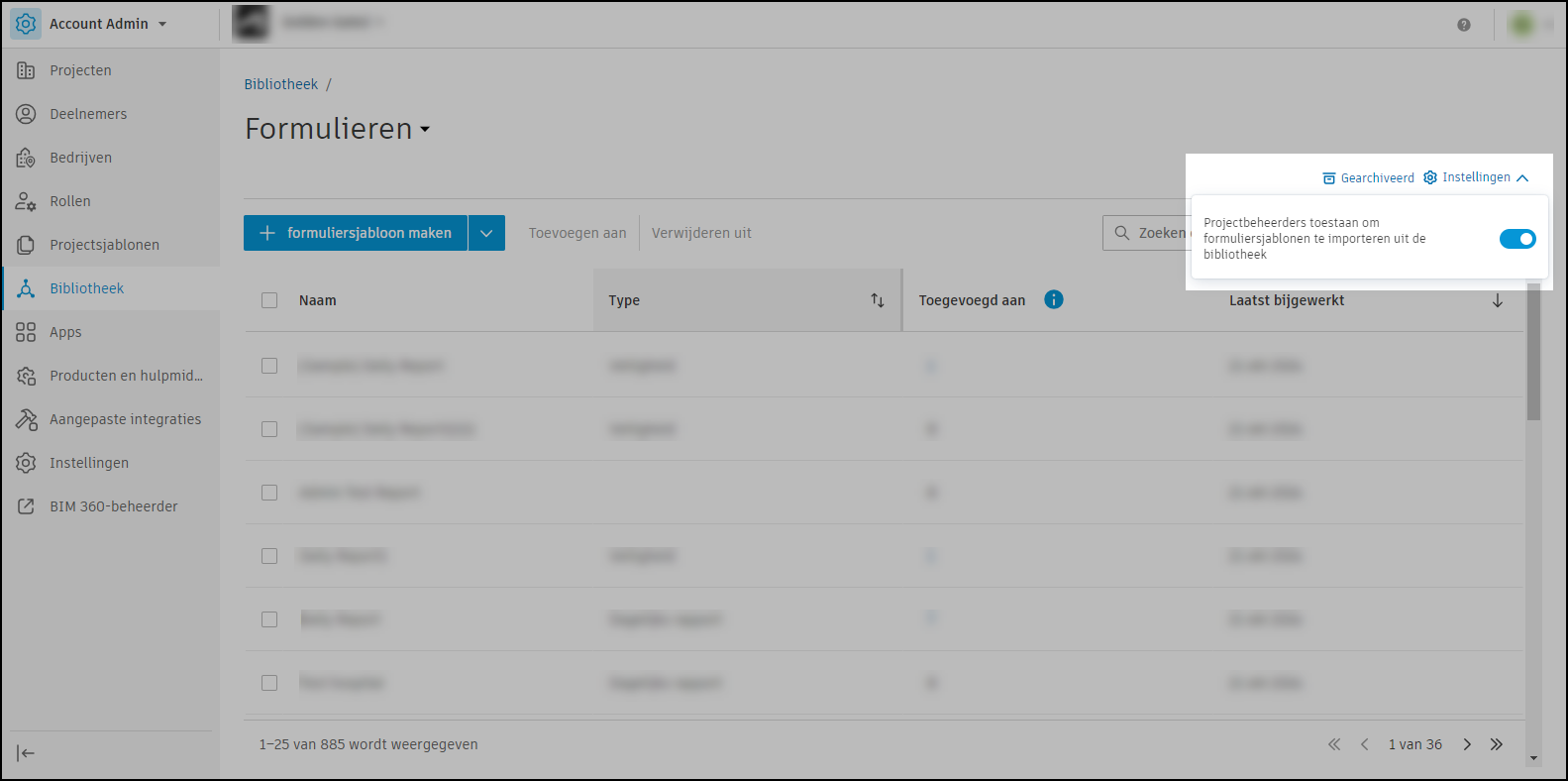 Schermafbeelding instellingen voor formuliertemplates bibliotheek