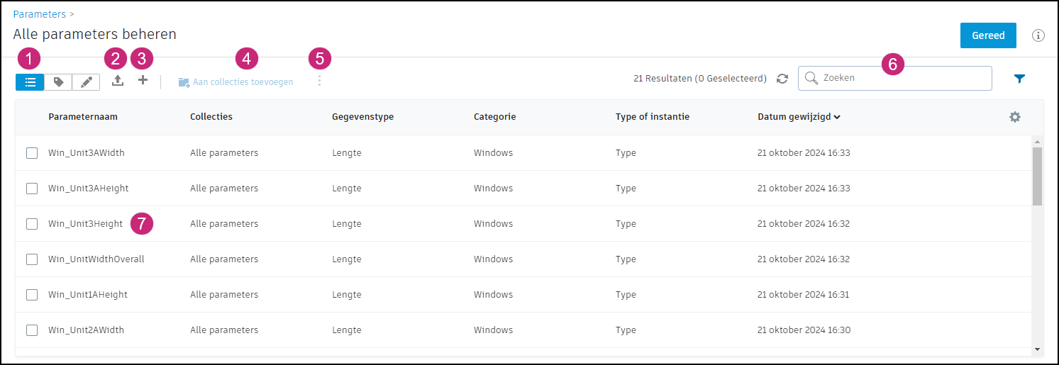 Interface voor alle parameters beheren