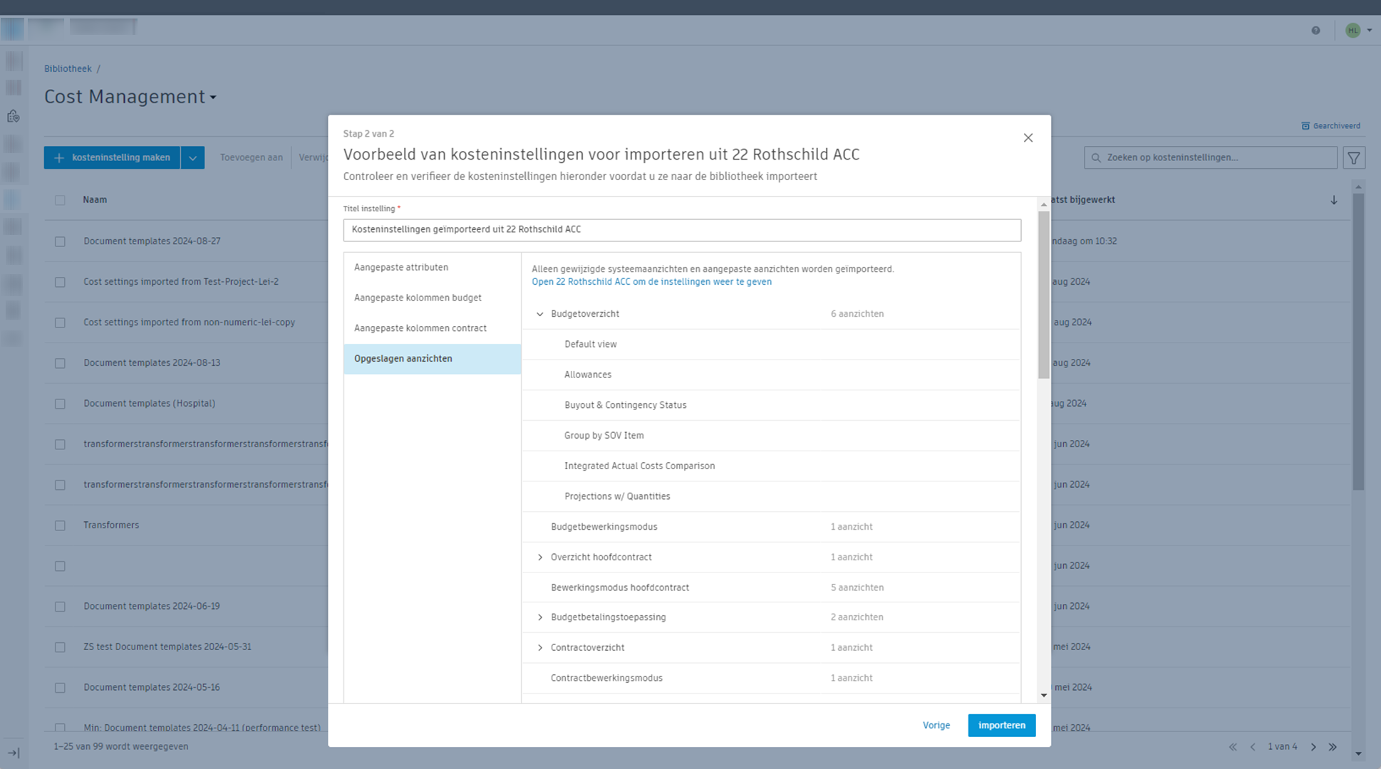 Voorbeeld van kosteninstelling weergeven