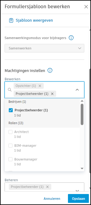 Schermafbeelding rechten voor formuliertemplates van projecten