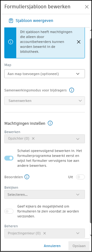Schermafbeelding rechten projecttemplateniveau
