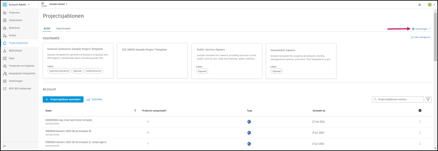 Instellingen projecttemplate