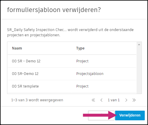 Bevestigingsvenster voor het verwijderen van de formuliertemplate