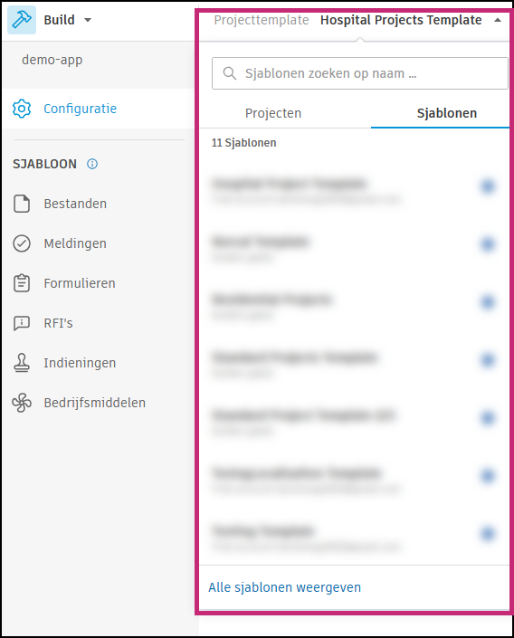 Menu voor templatekiezer