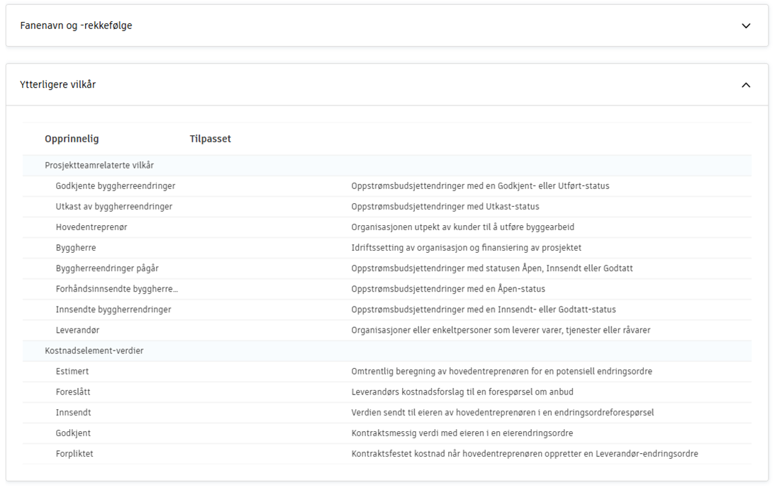 Skjermbilde av tilleggsvilkår