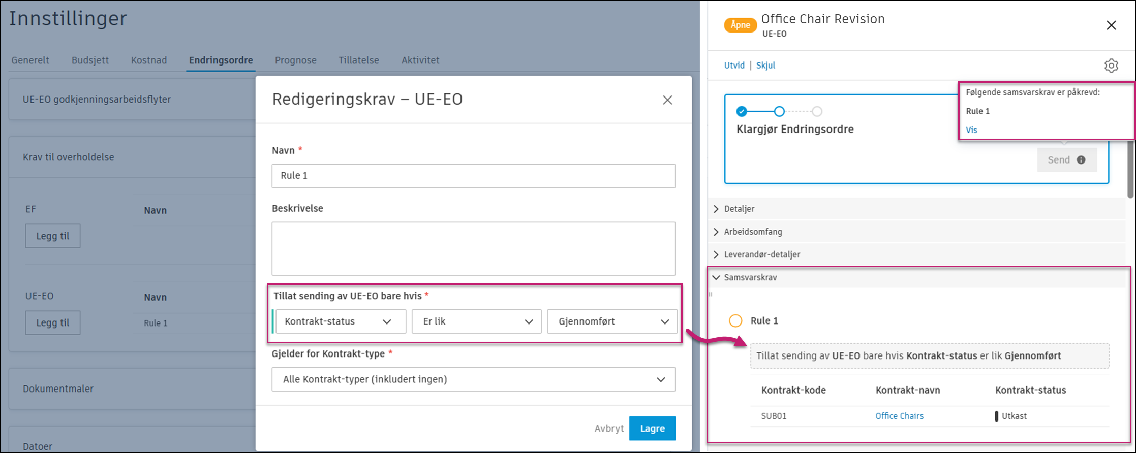 Varsel om samsvarskrav som viser melding om uoppfylte krav med liste over manglende samsvarselementer