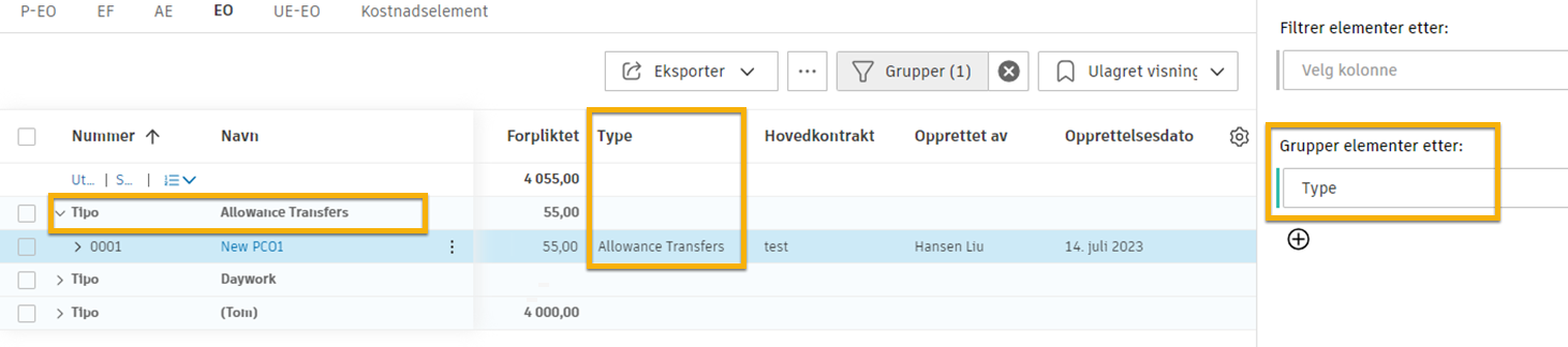 EO med typen Godtgjørelsesoverføringer brukt