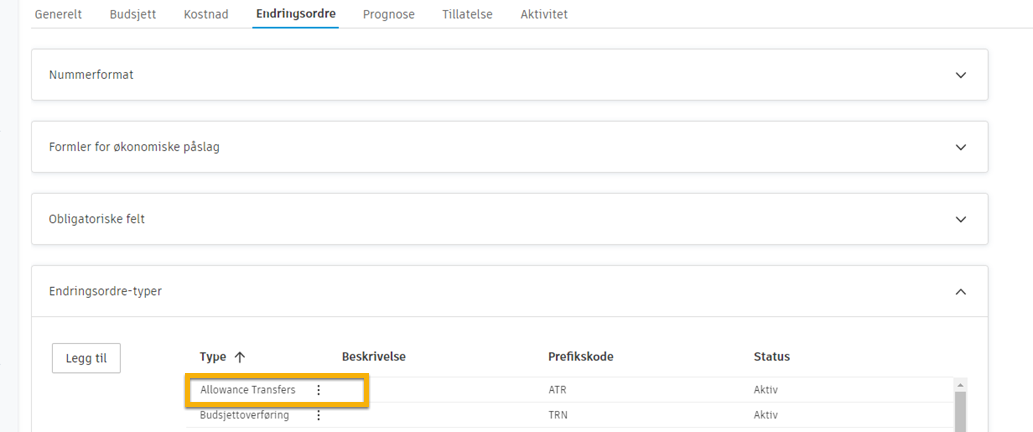 Oppsett for endringsordretype som viser konfigurasjon av godtgjørelsesoverføringer