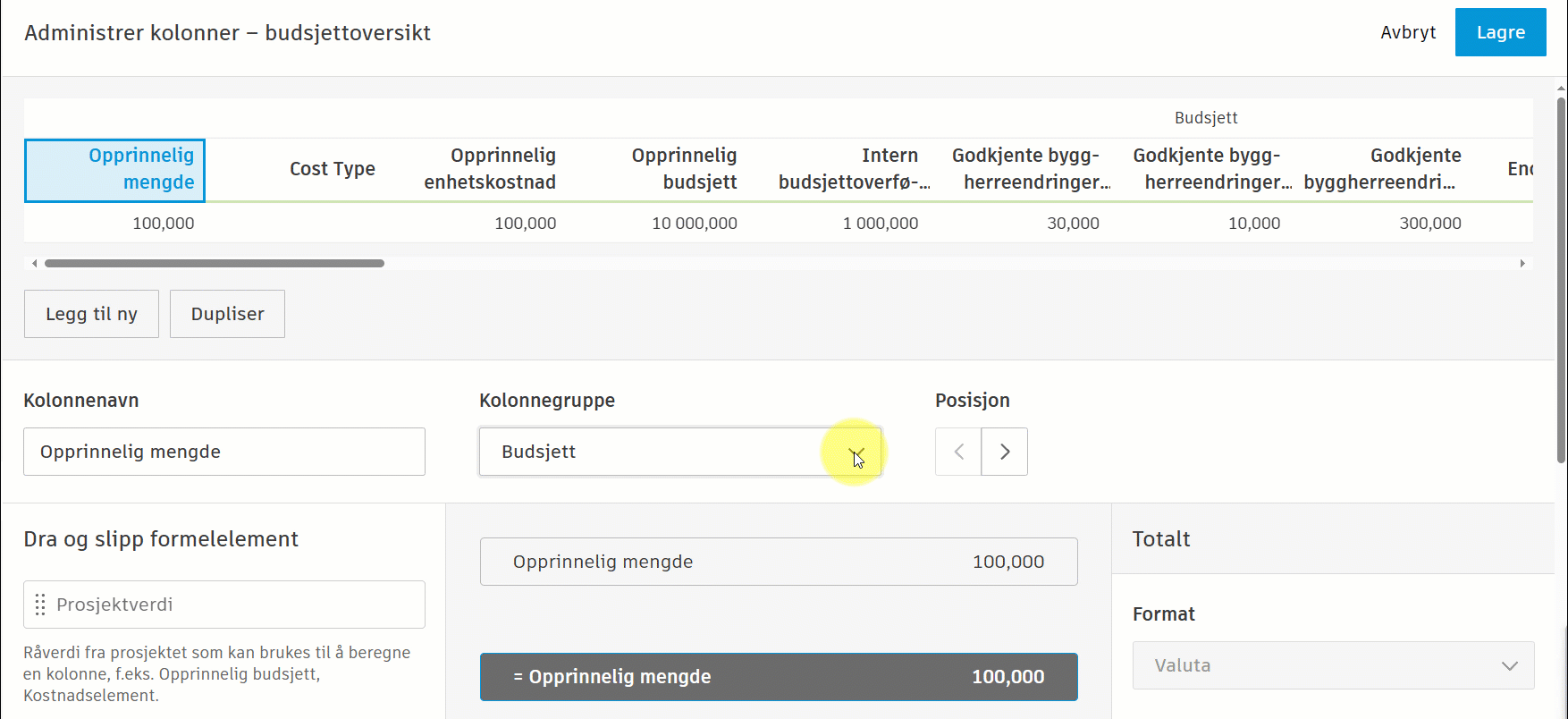 Kolonner for budsjettoversikt