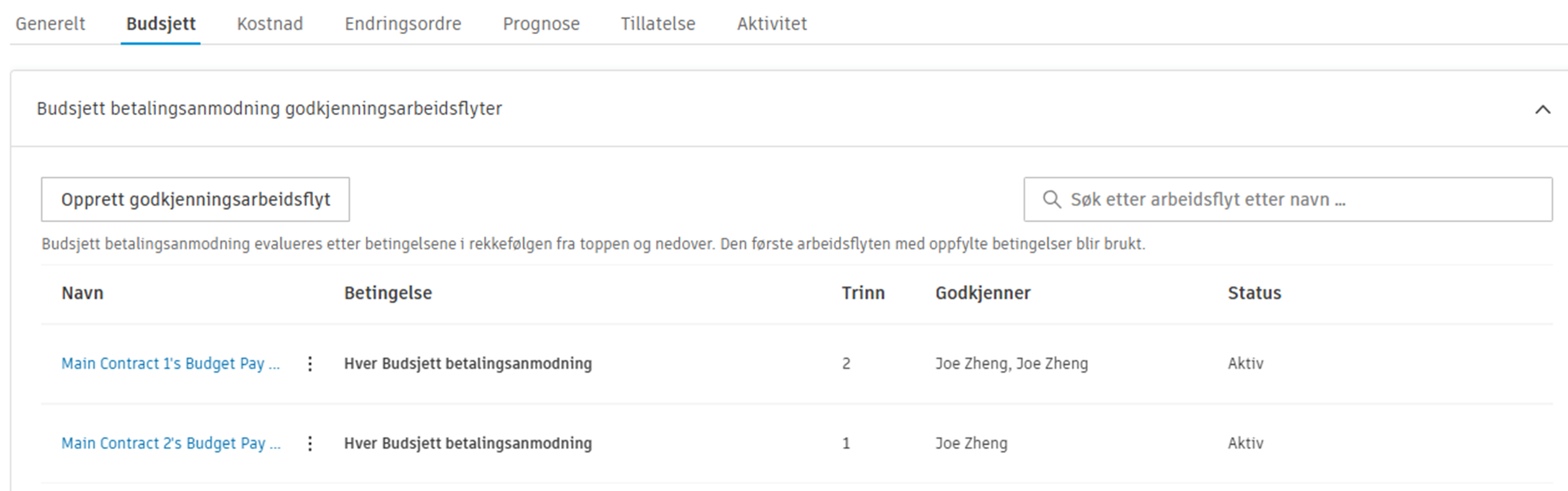 Arbeidsflyt for budsjettbetaling med gyldig for-kolonne