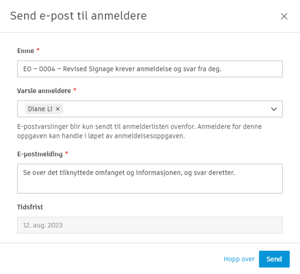 Dialogboks for sending av godkjenningsarbeidsprosess