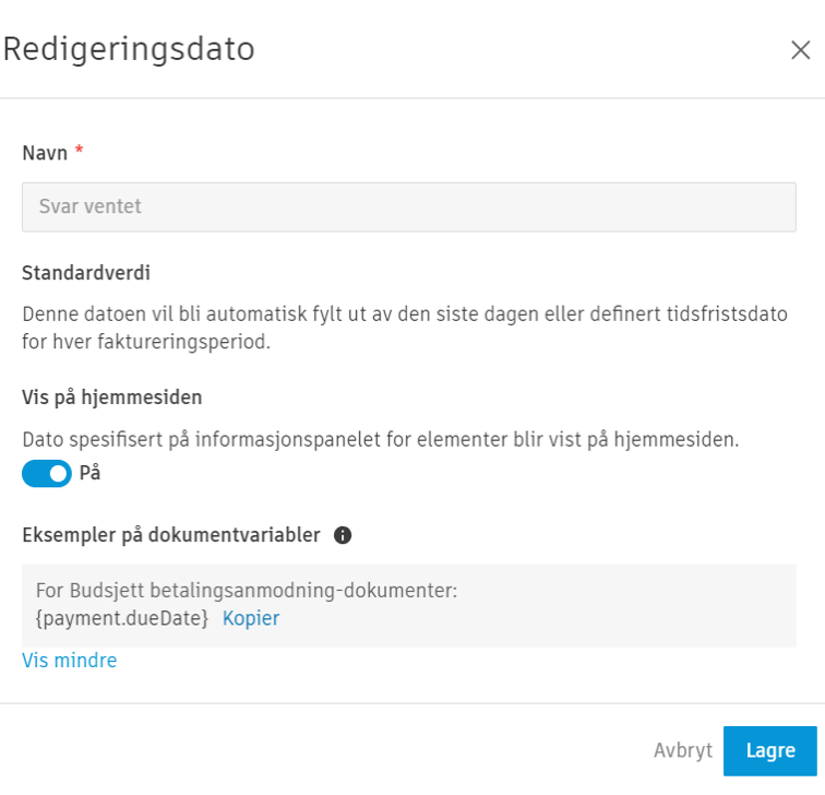 Dialogboksen Rediger datoer som viser datokonfigurasjonsalternativer og dokumentvariabler