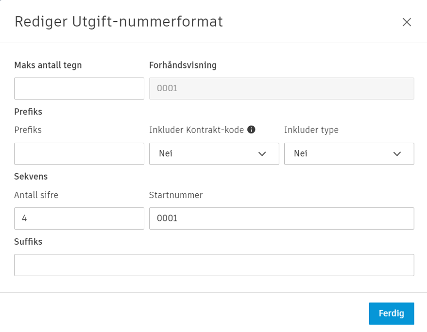 Dialogboksen til format for redigering av utgiftsnummer