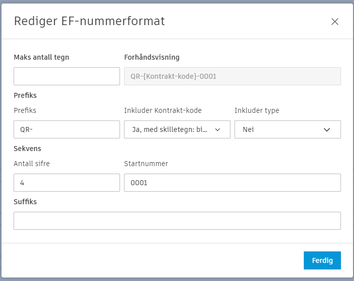 Rediger dialogboks for EF-nummerformat som viser felt for maksimum tegn, prefikser, sifre, startnummer og suffikser