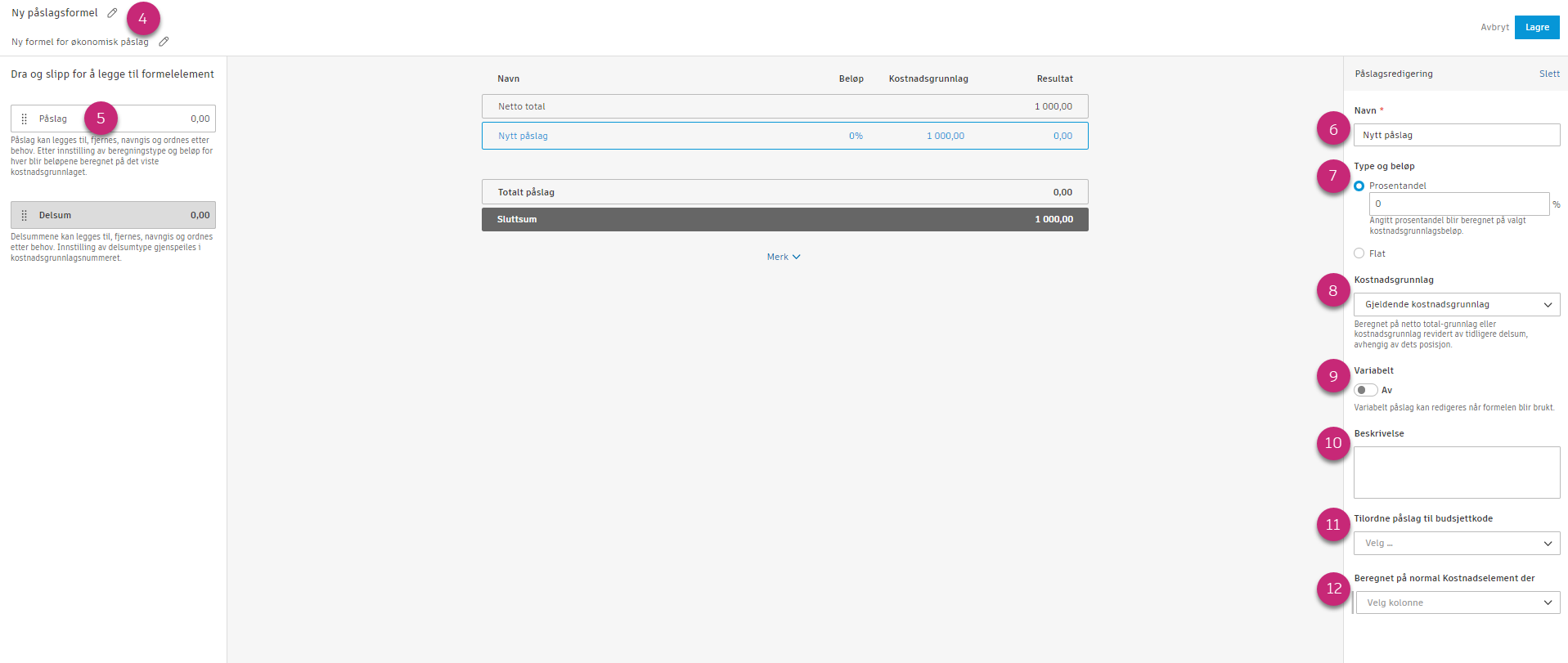 Konfigurasjonsgrensesnitt for økonomisk påslagsformel som viser innstillinger for påslag, alternativer for kostnadsgrunnlag og formelbygger
